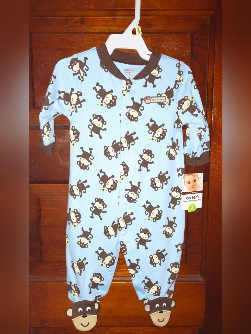 (B3g1) Carter's Light Blue Footed One-Piece with Brown Monkey Print